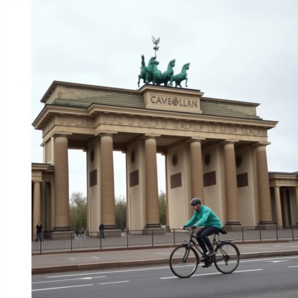 eBike rider passing Brandenburg Gate on Berlin city street