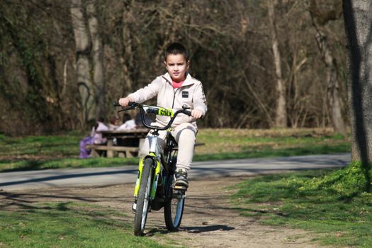 Budget eBike family riding on park trail with cargo and child seat