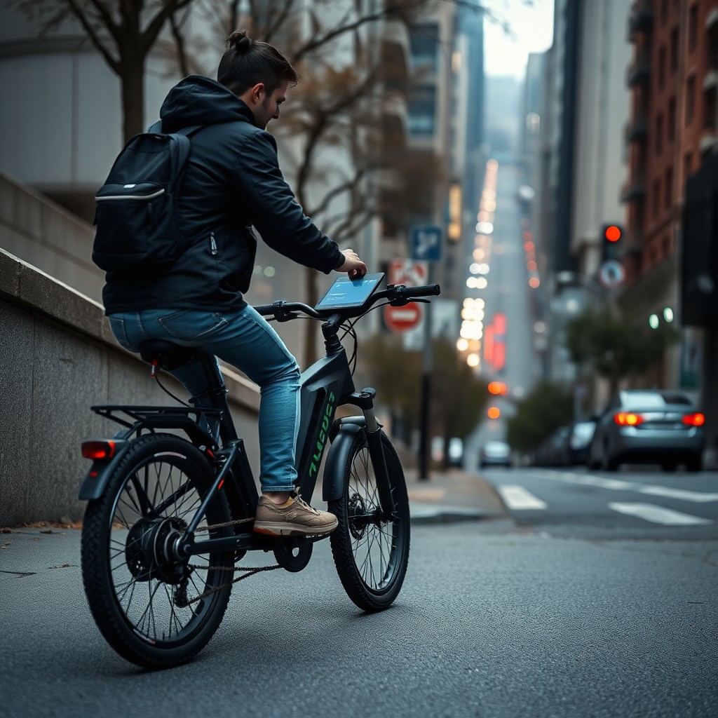 Electric bike stalled on steep urban hill showing motor error on display