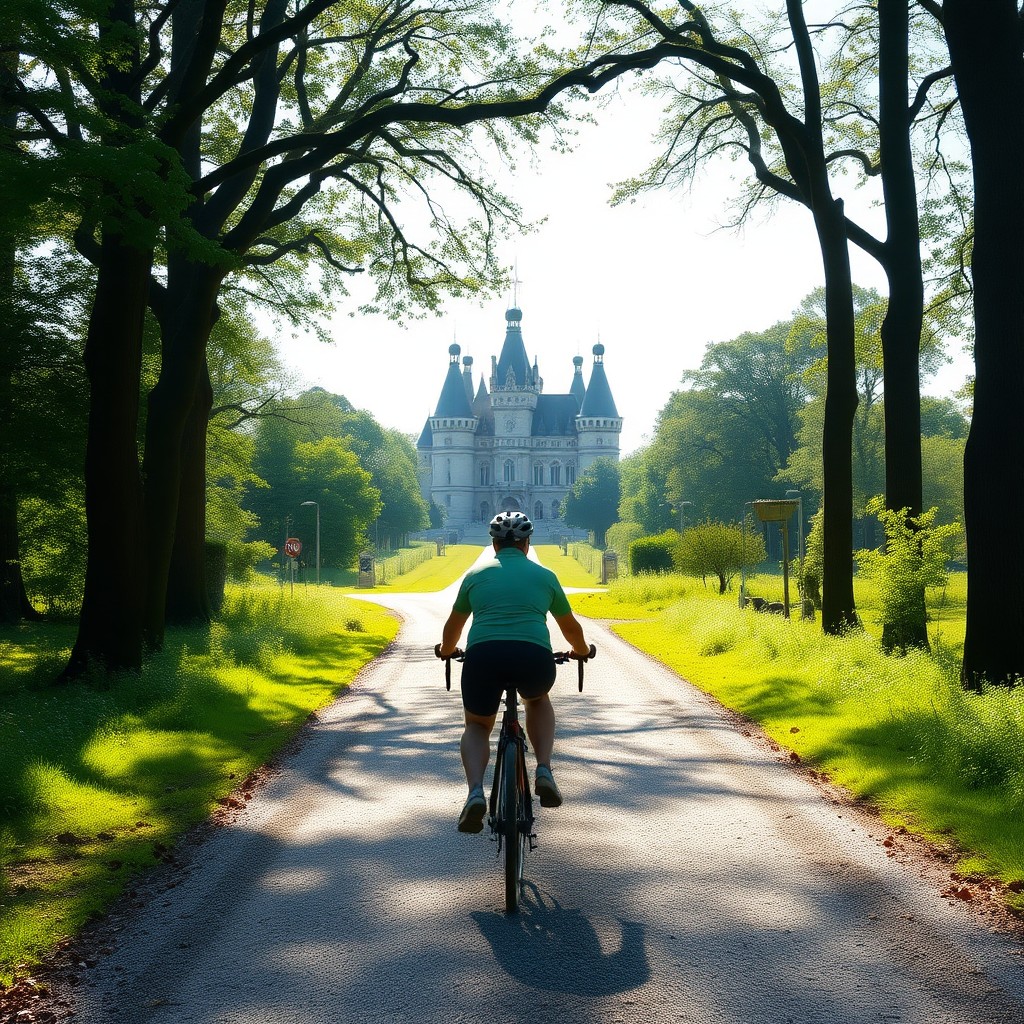 eBike cyclist on gravel path approaching Chateau de Chambord through forest
