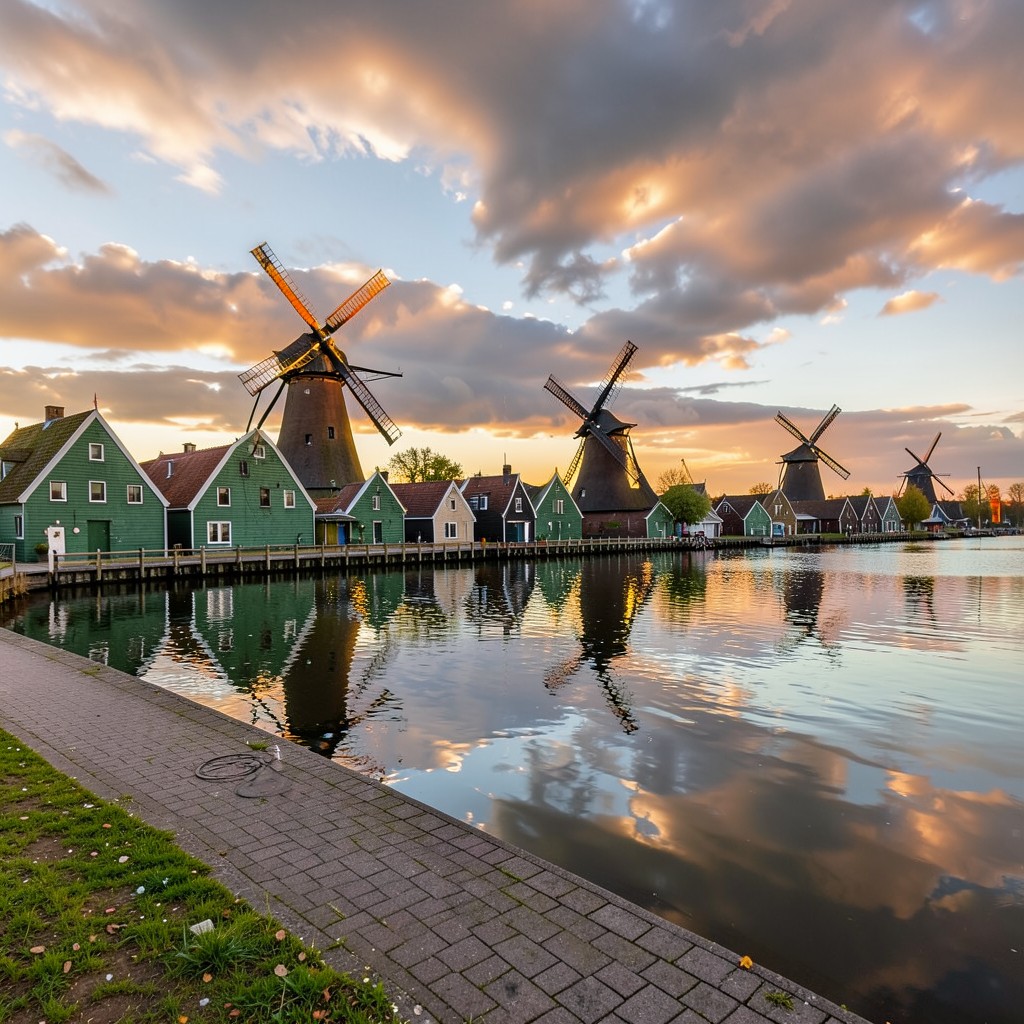 Zaanse Schans windmills along Zaan river with cyclist on path at sunset