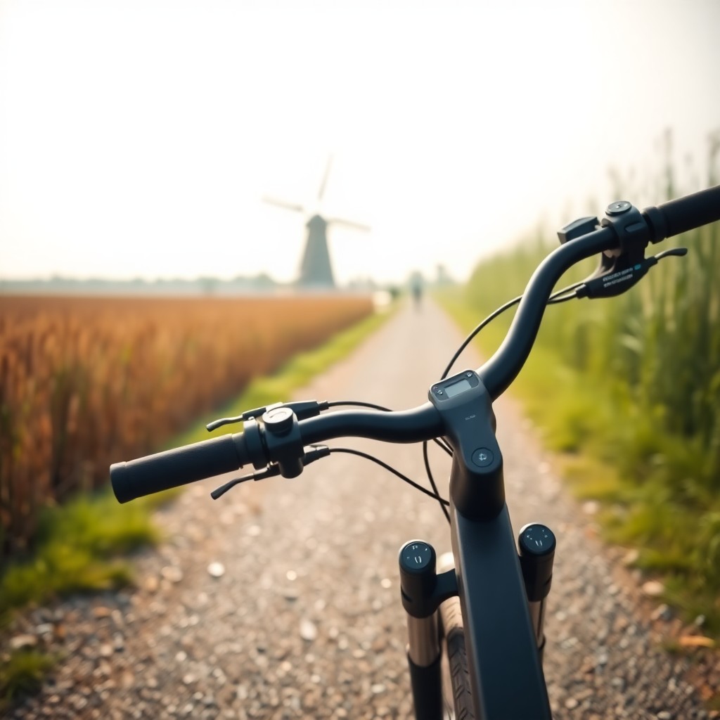 eBike on Dutch polder path with windmill and waterway in background