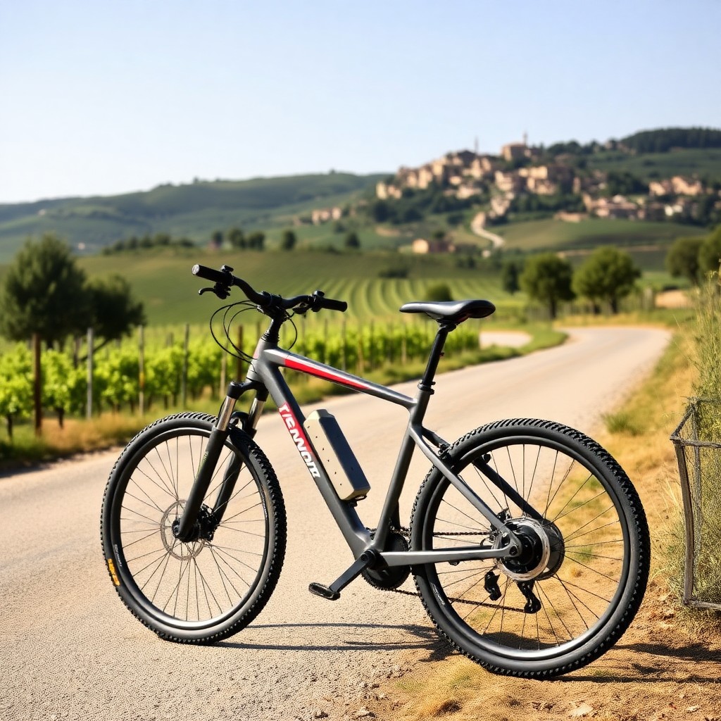 Gravel eBike on Tuscan road with Montalcino vineyards and hill town view