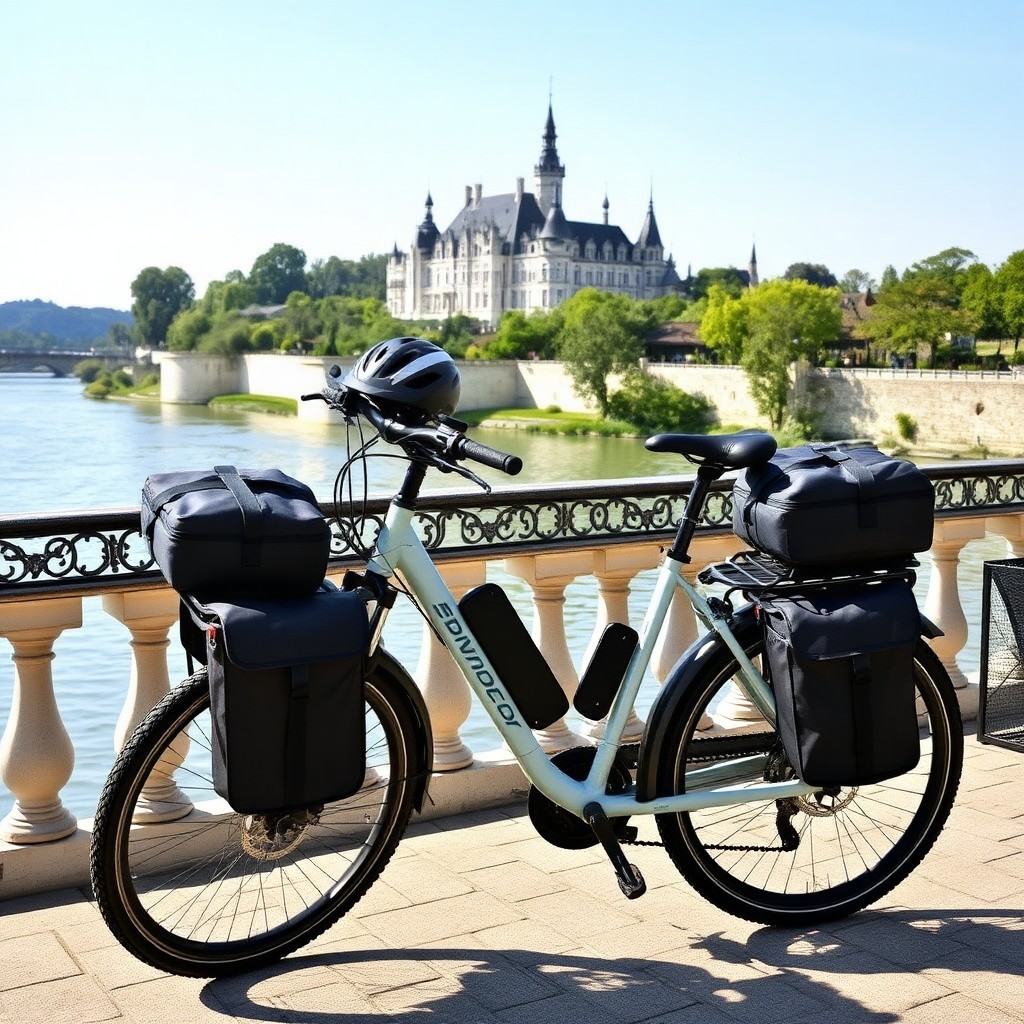 Touring eBike at Amboise riverfront with Chateau d'Amboise in background