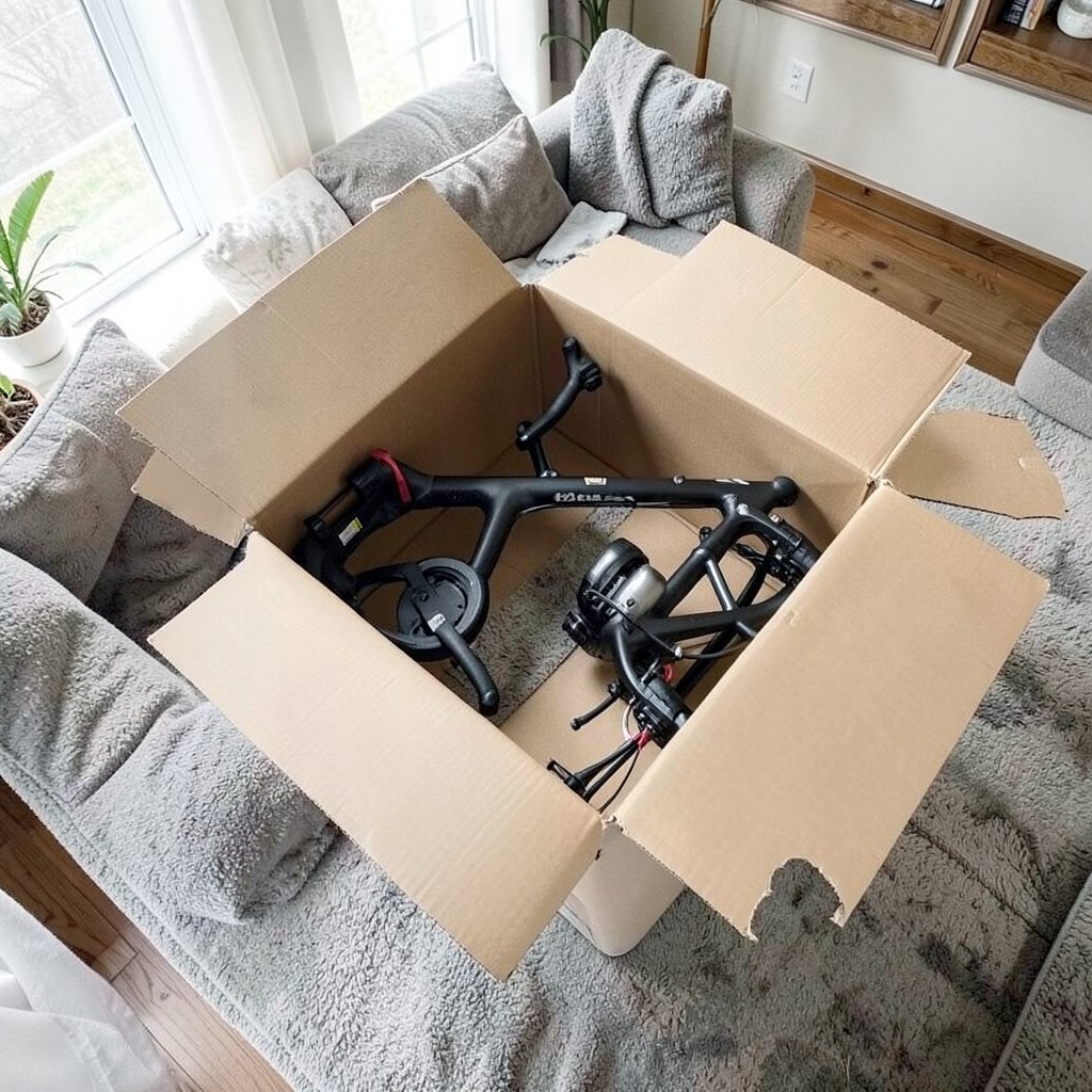 Buyer unboxing a new eBike delivery at home