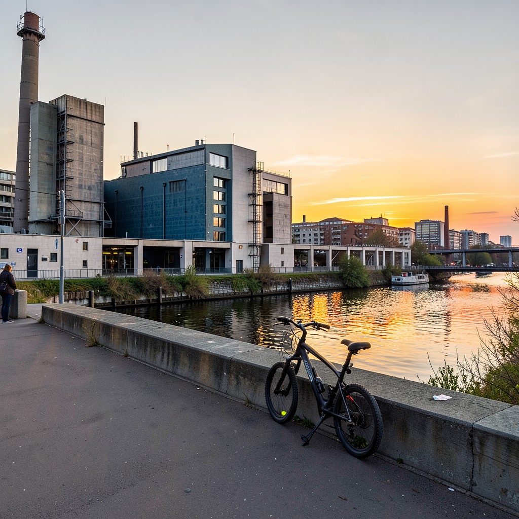 eBike beside East Side Gallery Berlin Wall murals at sunset