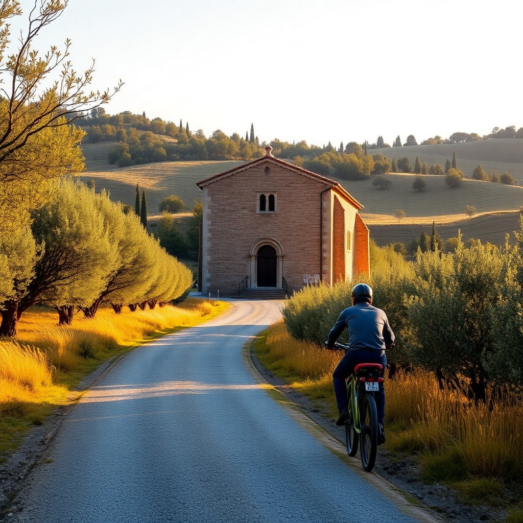 Sant'Antimo Abbey with eBike rider on gravel approach road in Val d'Orcia