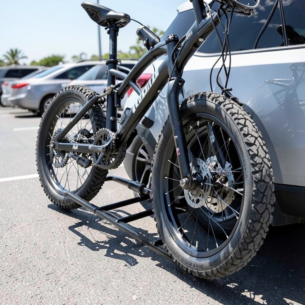 Black steel hitch rack carrying two electric bikes on silver SUV
