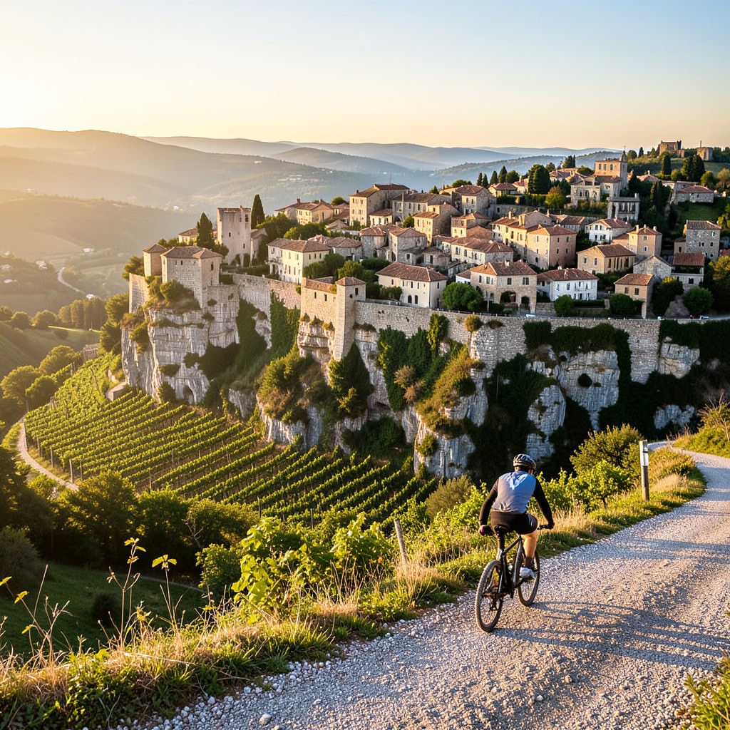 Saint-Emilion village and vineyards panoramic view with eBike rider on trail at golden hour