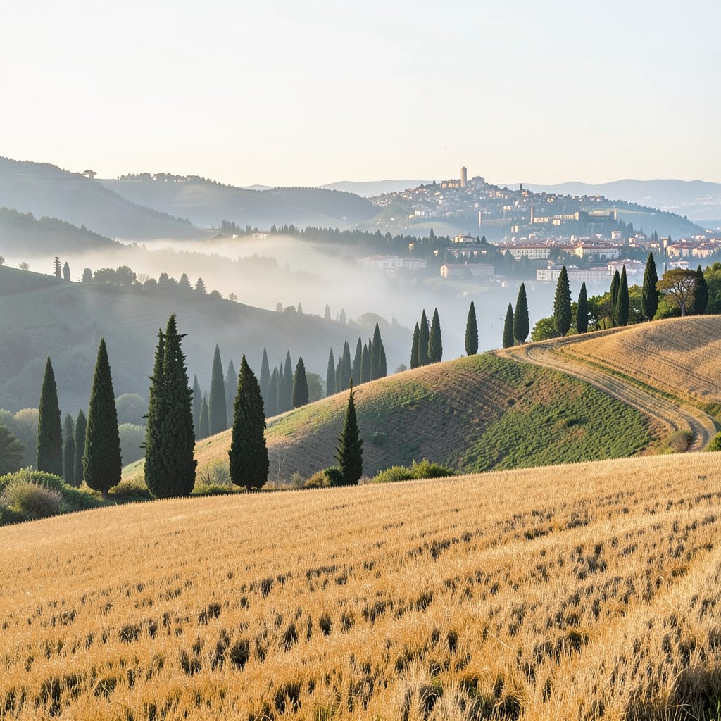 Val d'Orcia panoramic view with cypress trees and Pienza hill town