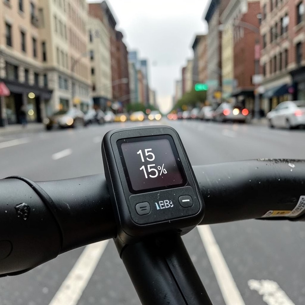 eBike display showing low battery warning during city commute