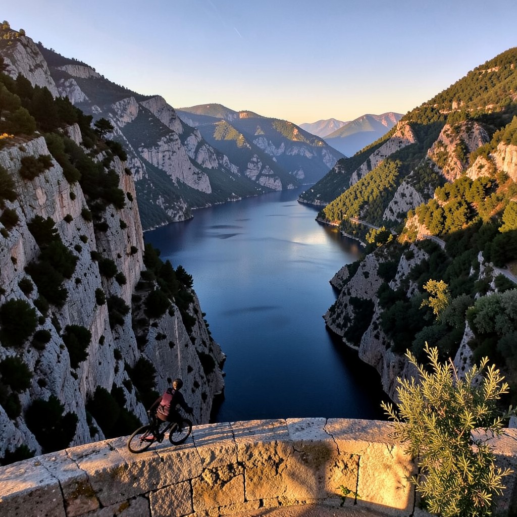 Cyclist overlooking Lake Garda from Tremosine terrace at sunset