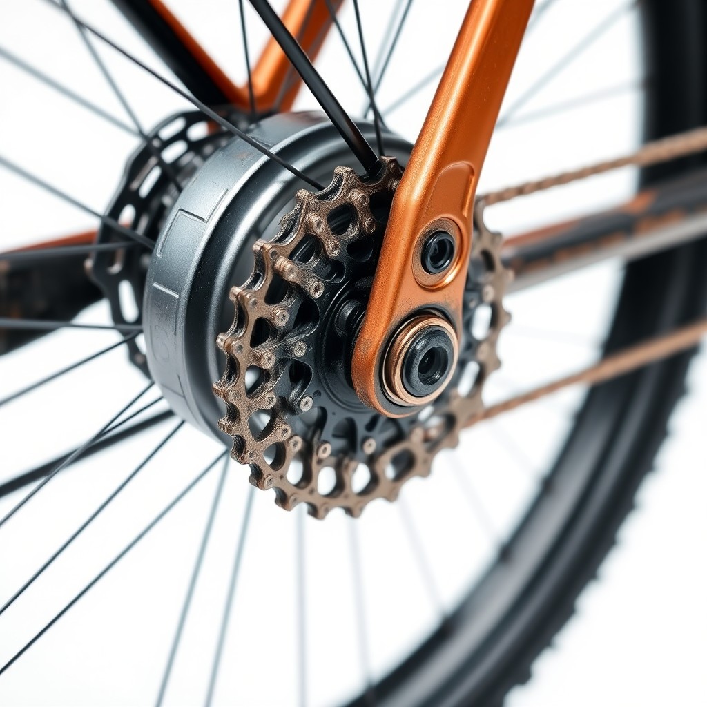 Close up of eBike rear cassette and chain under high tension on hill