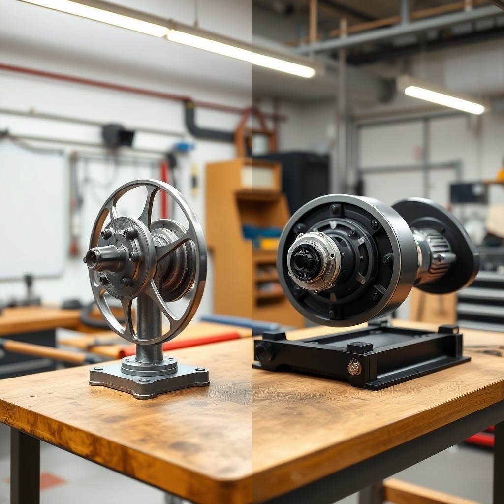 Comparison of eBike hub motor wheel and mid-drive motor frame on workbench