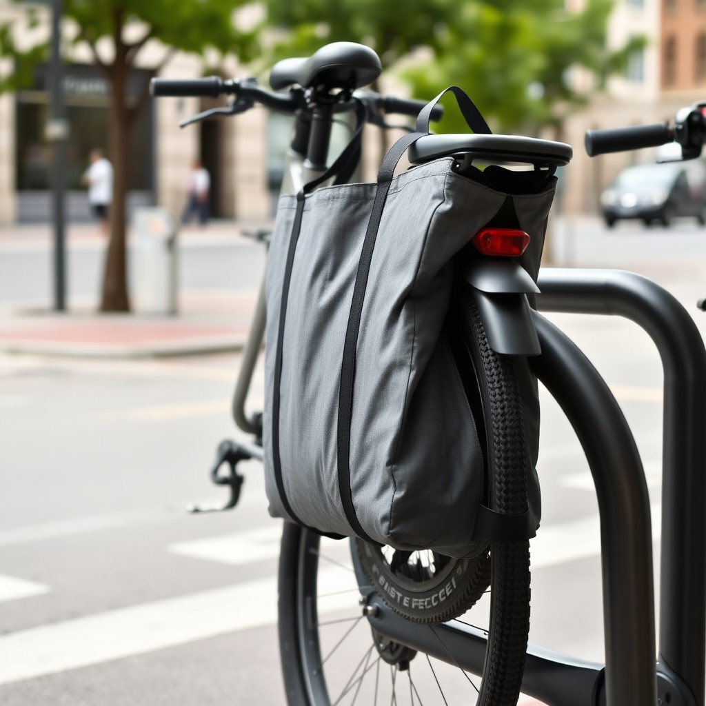 Folding ebike in tote bag strapped to budget bike rack on city street
