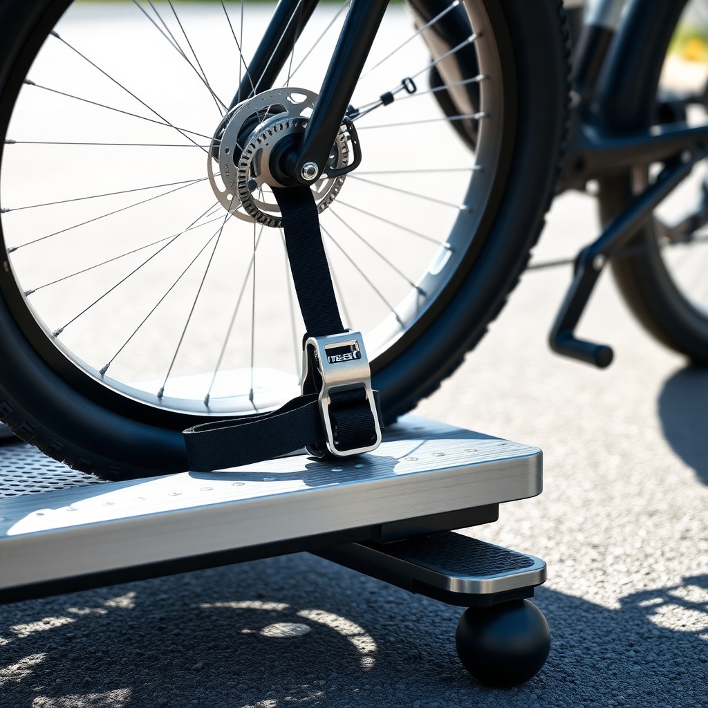 Wheel tray securing fat tire electric bike on platform rack