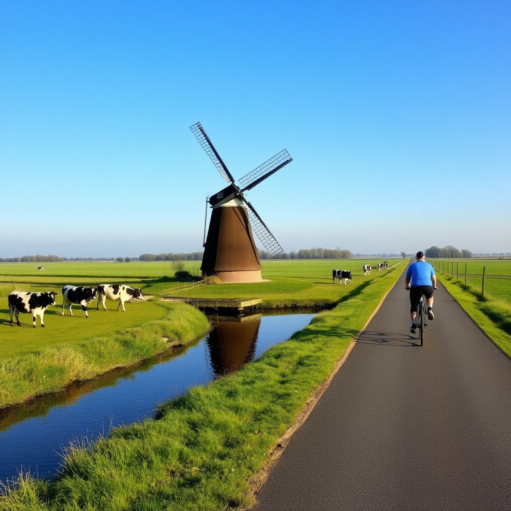 Windmill De Kat with cyclist on polder path and grazing cattle in Dutch countryside
