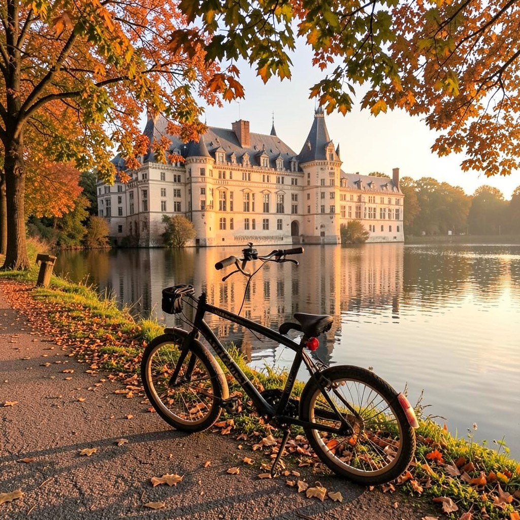 eBike on Loire riverbank with Chateau de Chenonceau reflection at sunset